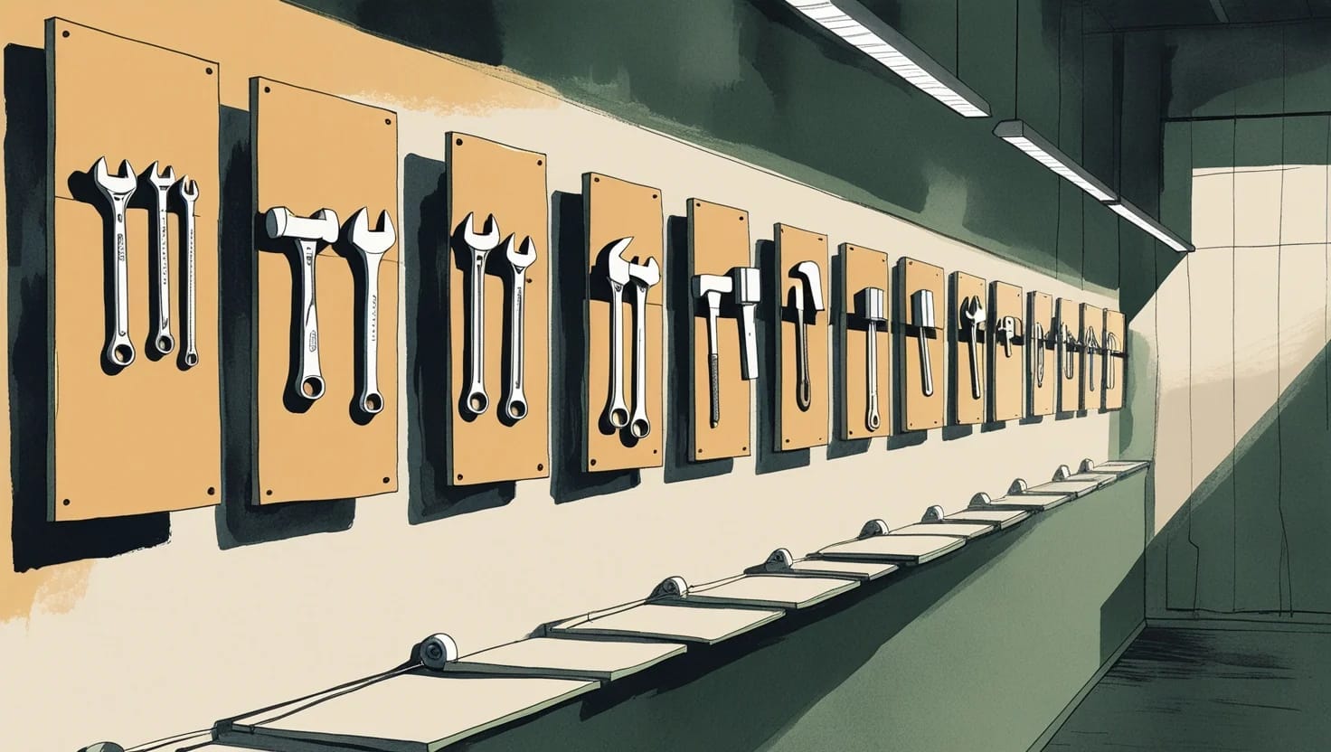 Illustration of a workshop wall of tools hanging in neat rows