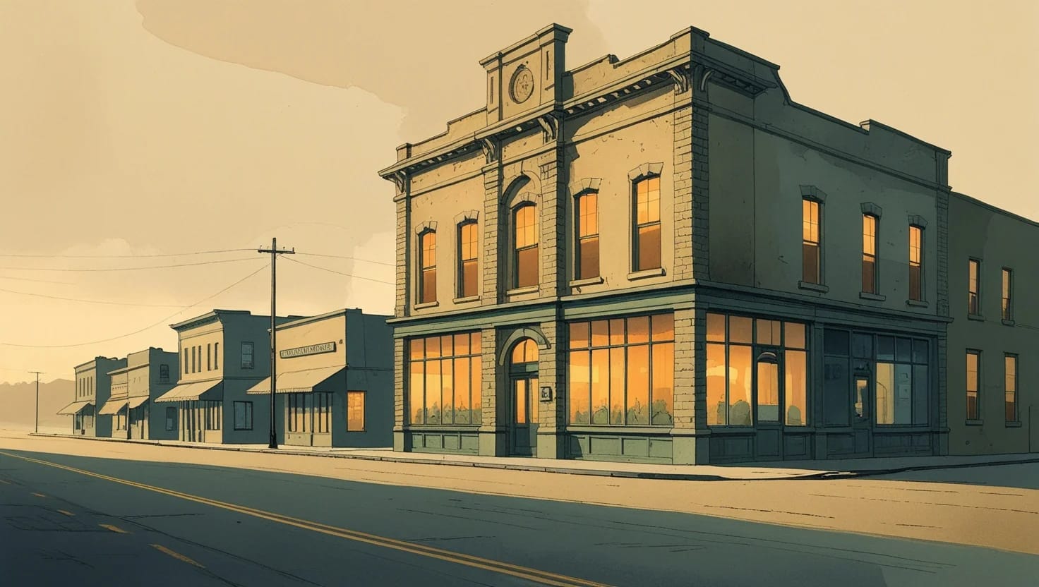 Illustration of a small-town stone bank building at dawn, its windows lit