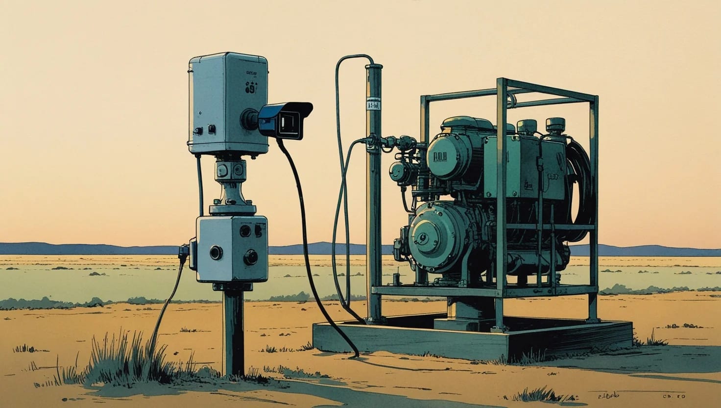 Illustration of a camera and microphone housing mounted beside a natural gas compressor at a remote wellsite