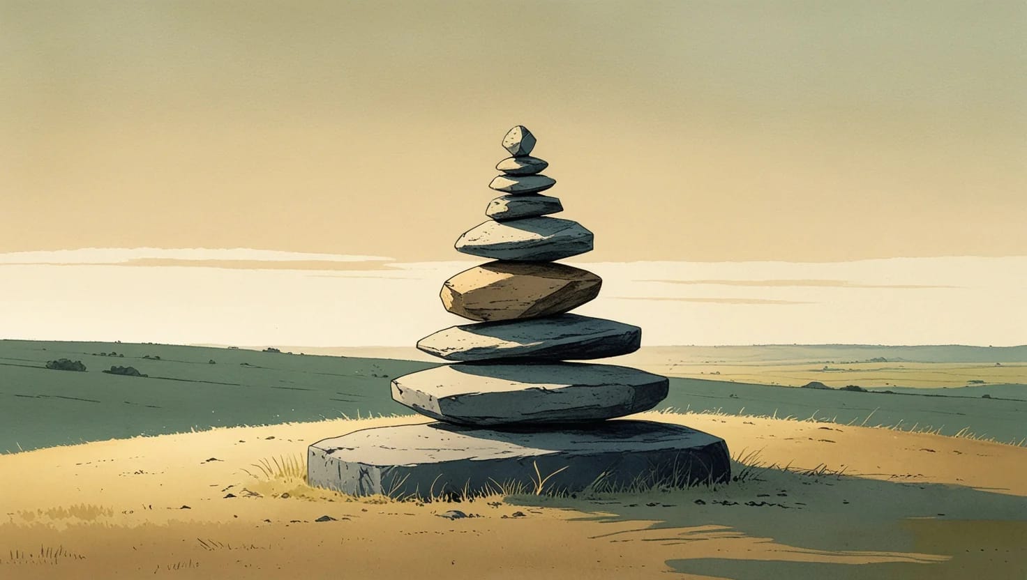 Illustration of a stone cairn on a prairie hilltop, built up from a wide base