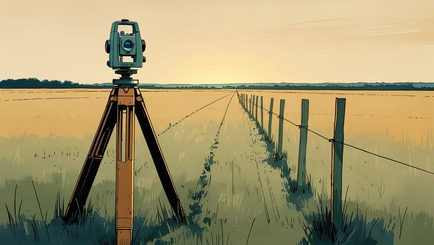 Illustration of a surveyor’s transit sighting along a line of stakes at dawn