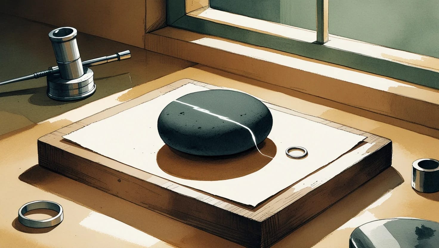 Illustration of a dark touchstone on a silversmith’s bench, a streak of silver drawn across it